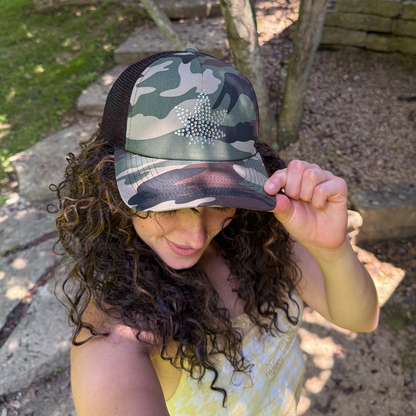 RHINESTONE WEED LEAF CAMO TRUCKER HAT