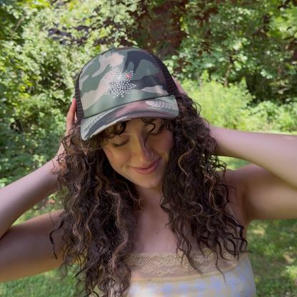 RHINESTONE WEED LEAF CAMO TRUCKER HAT